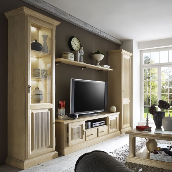 Wohnwand Wohnzimmer-Schränke-Set Casapino 4-teilig 2 Vitrinen TV-Schrank 1 Wandbord Pinie massiv