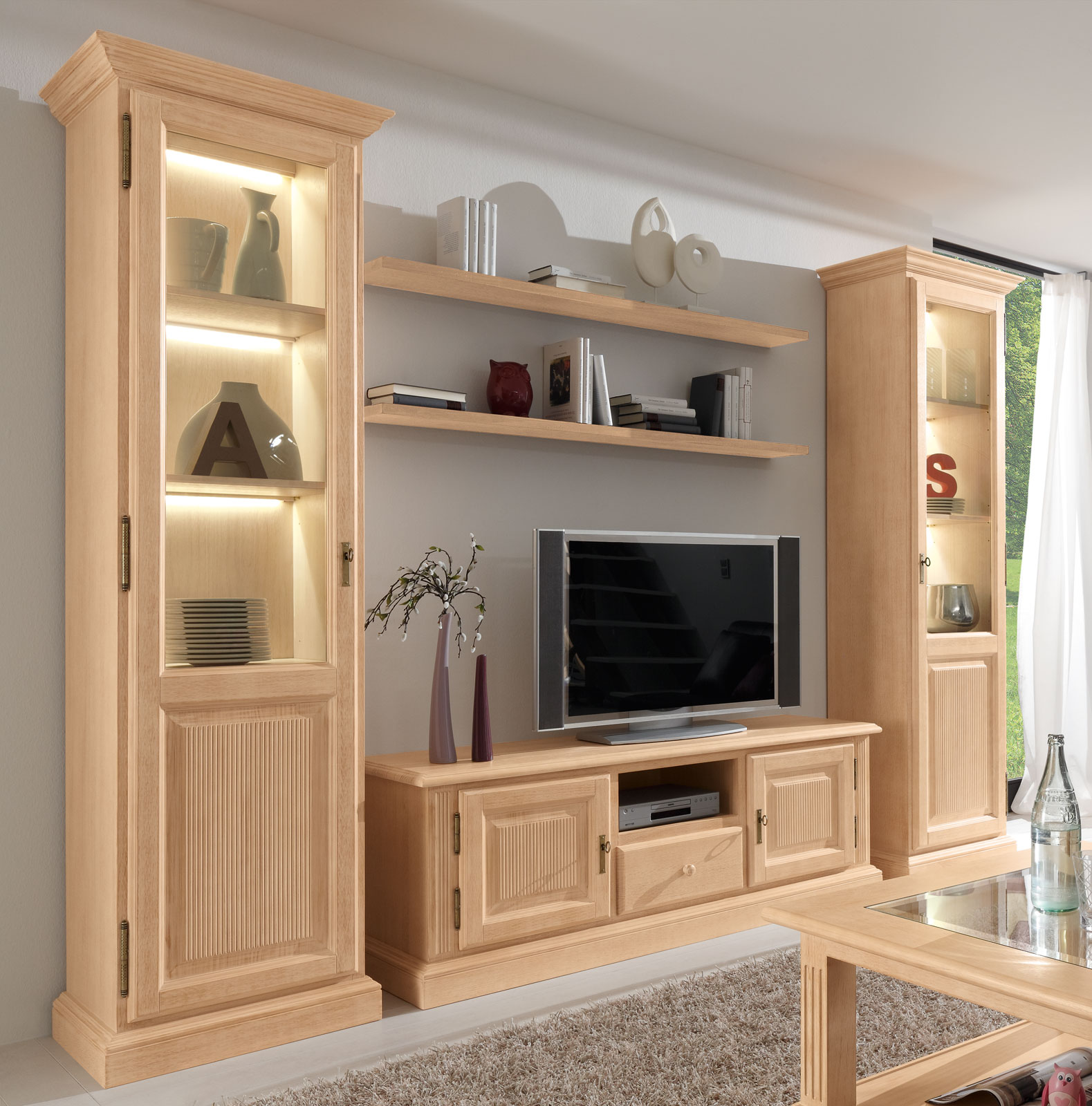 wohnwand wohnzimmer schrank set casapino 5-teilig 2 vitrinen tv