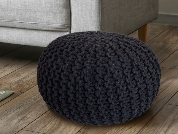 Pouf Ø 55 cm Strickhocker Sitzpouf Sitzpuff Bodenkissen nachhaltig Grobstrick-Optik schwarz