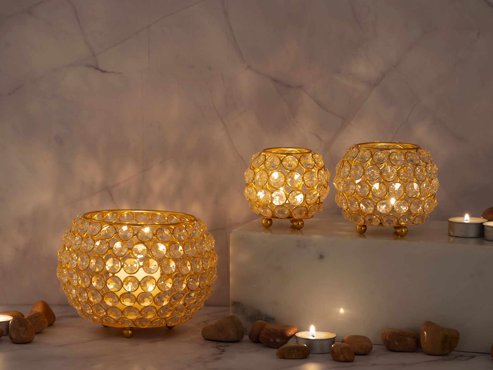 Wohnen Crystal gold silber Teelichthalter Casamia Kerzenhalter Kristall Vintage 3-teilig | o. Kerzenständer Set