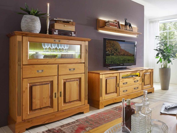 Wohnwand Set Florenz 1 Barschrank 1 TV Lowboard 1 Wandbord Pinie Nordica massiv sierra