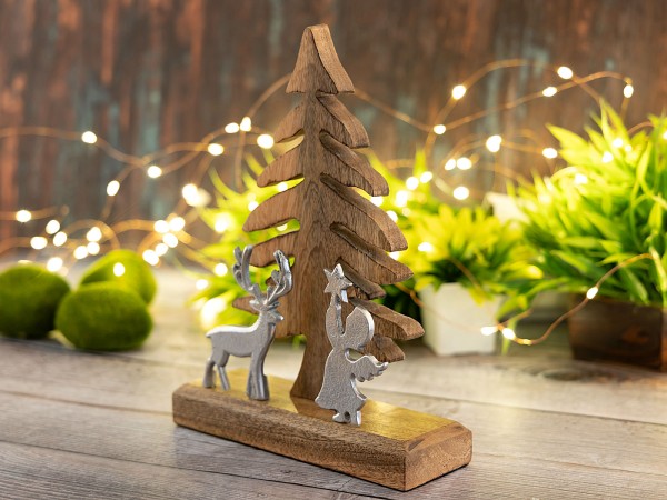 Dekofigur Weihnachtsbaum Hirsch u. Engel 20x27cm Mangoholz Aluminium