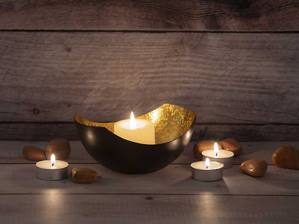 Teelichthalter Set 2-teilig Kerzenhalter Love Schalenform schwarz matt innen vergoldet