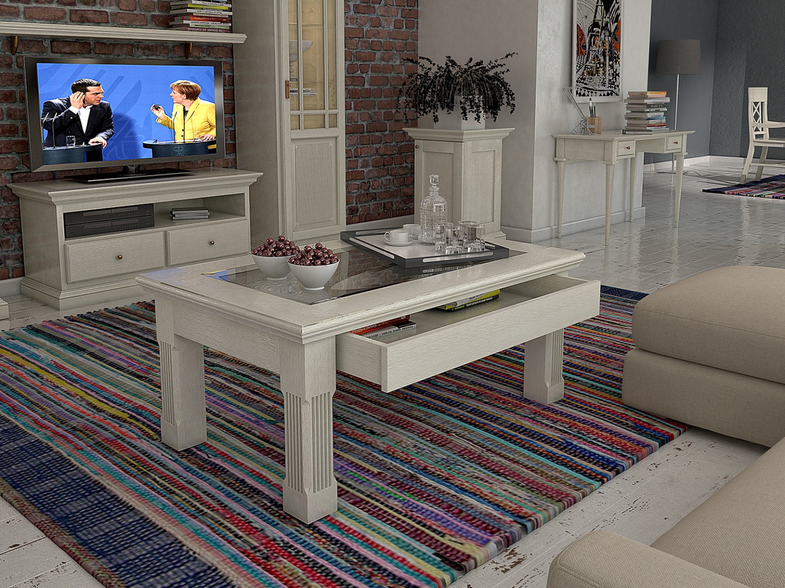 Couchtisch mit | Pinie Holzplatte 120 70 und x massiv Wohnen Casamia Schublade Duett cm