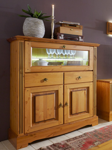Barschrank Highboard Florenz 1 Glas-Klapptür 2 Schubladen 2 Türen Pinie Nordica massiv sierra