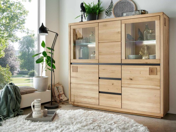 Highboard II Vitrine Massivholz B166 H148 T40 cm Porto Wildeiche