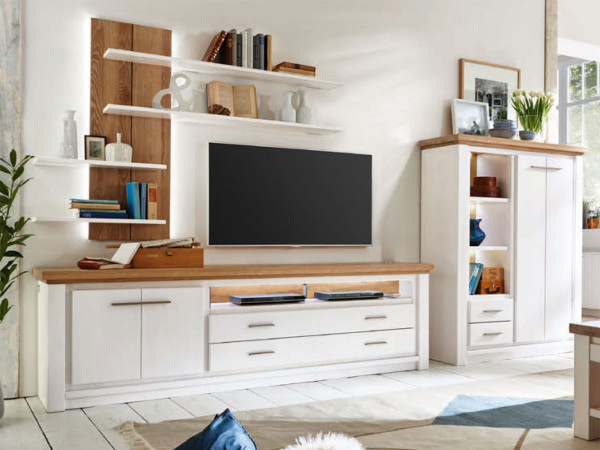 Wohnwand Olbia Highboard TV Lowboard Wandregal massiv weiß natur geölt Ausstellungsstück