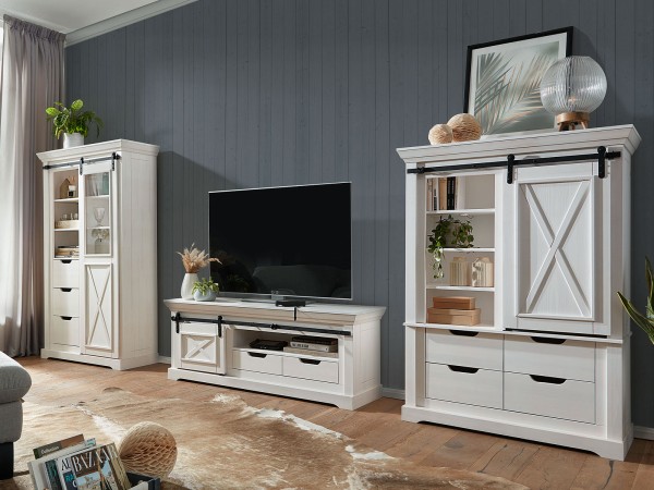 Wohnzimmer Schränke 3tlg Wohnwand 390x178cm Bergamo Pinie Nordica weiß