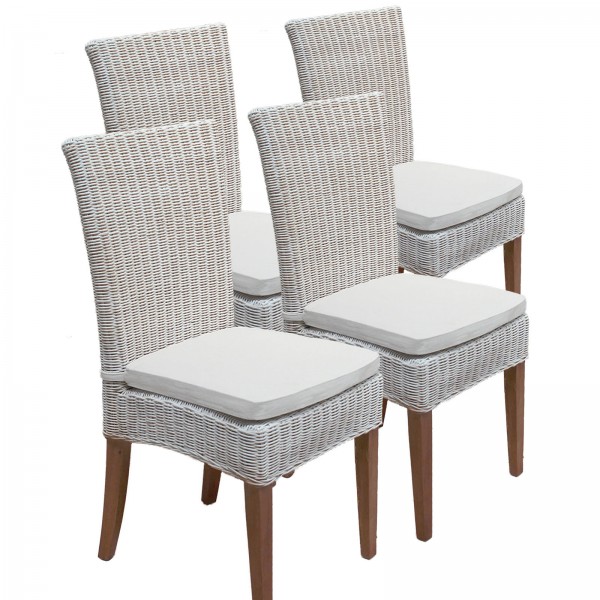 Esszimmer Stühle Rattanstühle Wintergarten Cardine 4 Stück weiß mit/ohne Sitzkissen leinen weiß