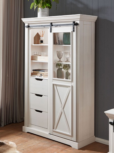 Vitrine Glasvitrine Massivholz 109x178cm Bergamo Pinie Nordica weiß