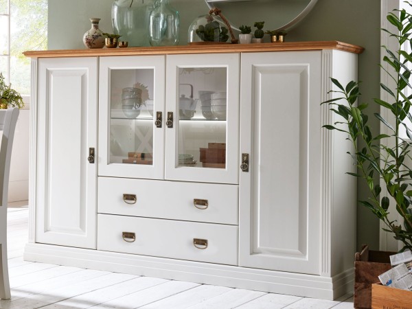 Highboard Hochanrichte Musterstück 4-türig mit 2 Schubladen Pinie Nordica weiß Wildeiche massiv