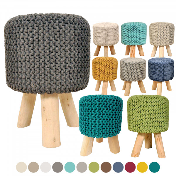 Sitzhocker Strick-Hocker Pouf Schemel mit Holzfüßen Ø 35 cm Höhe 45 cm