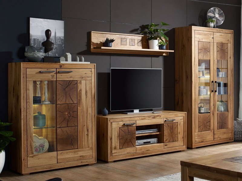 Wohnwand Eiche massiv bestehend aus Highboard TV Lowboard Glasvitrine und Wandbord hergestellt aus Wildeiche massiv