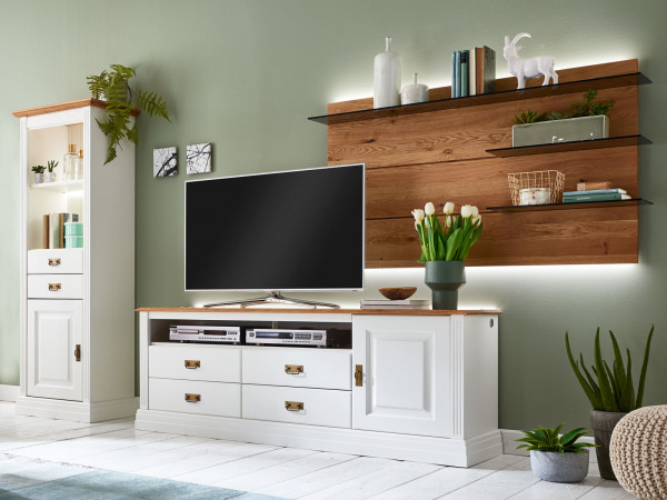Wohnwand TV Schrank Set Novara 1 Vitrine 1 Lowboard 1 Wandpaneel Pinie Nordica weiß Wildeiche natur