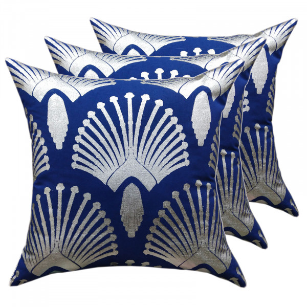 Deko Kissen Set 3 Stück Zierkissen Sofa Kissen Samt Velour 45 x 45 cm Pfau-Design navi blue metallic