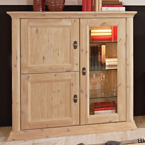 Highboard Aussteller Hochanrichte Glas-Vitrine Bari 3-türig 119 x 120 x 48 cm Pinie Nordica massiv