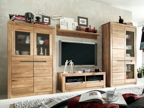 Wohnwand Massivholz Wohnzimmer Schränke 4-teilig Bergen 2 Vitrinen Lowboard Regal Wildeiche massiv