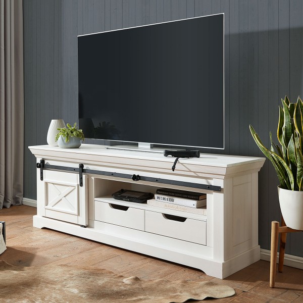 TV Lowboard Fernsehschrank 153x57cm Bergamo Pinie Nordica massiv weiß