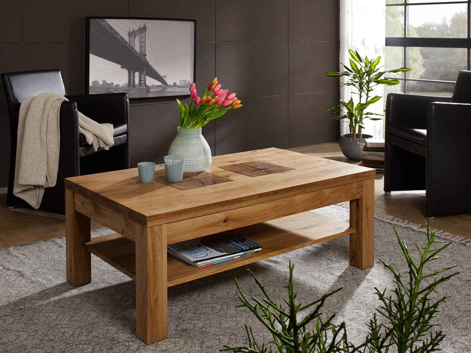 Couchtisch Massivholz Wohnzimmer Tisch mit Ablage B 20 H 20 T 20 cm  Waldeiche Wildeiche massiv
