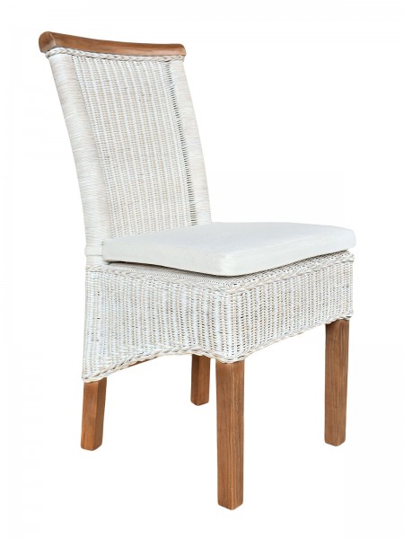 Rattanstuhl Esszimmer-Stuhl weiß Perth Sitzkissen Leinen weiß
