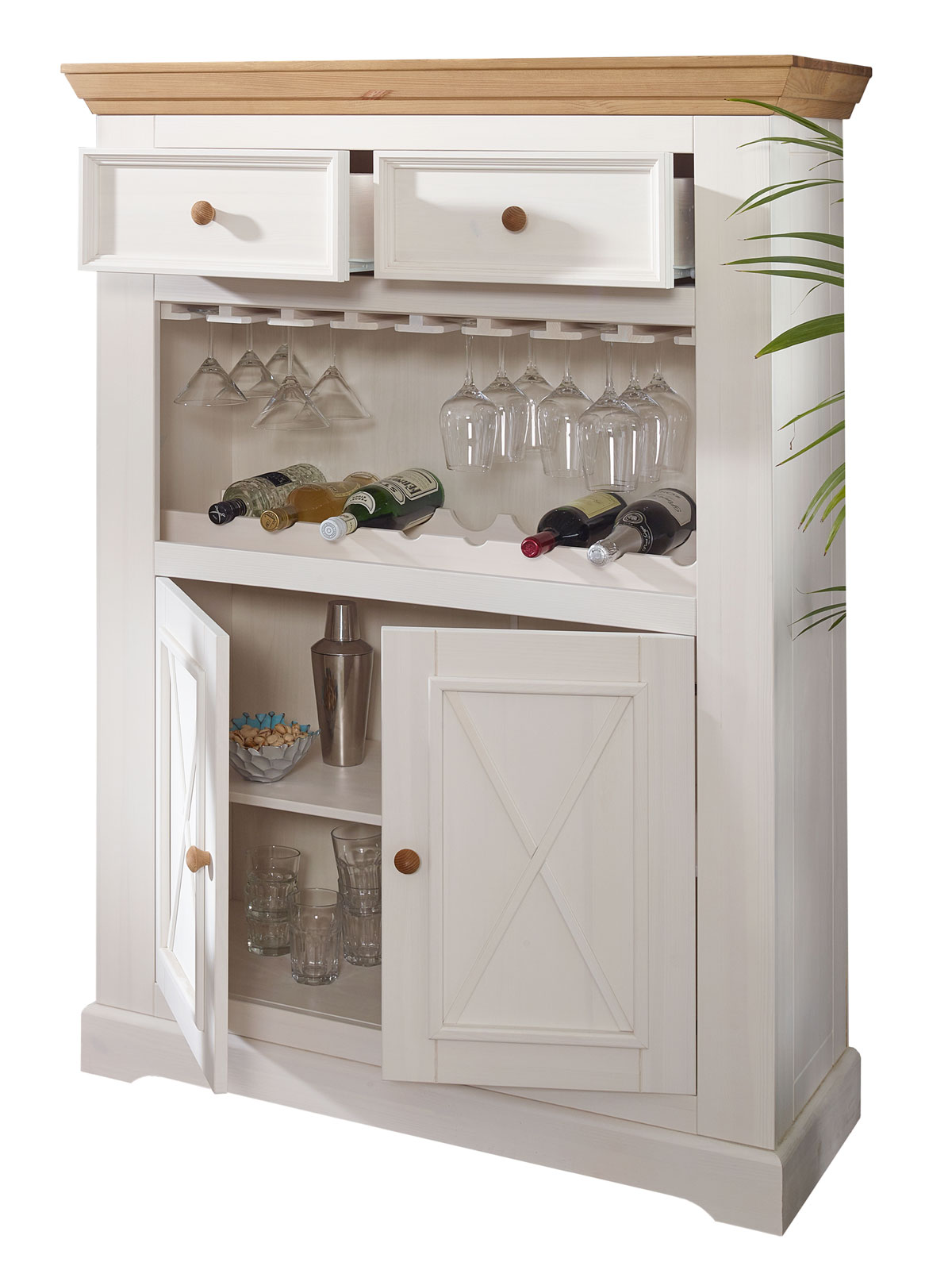 Barschrank Hoch-Anrichte Milan mit Flaschen- und Gläserhalter, Pinie