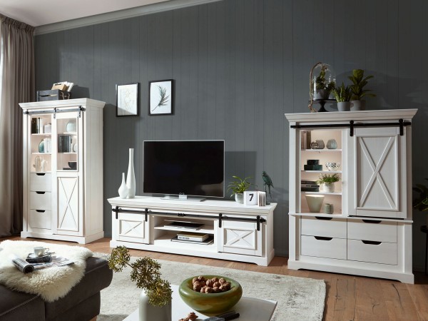 Wohnwand Wohnzimmer Schränke 3tlg 430x178cm Bergamo Pinie Nordica weiß