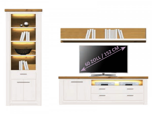 Wohnwand Olbia Regal Schrank TV Lowboard Bücherbord massiv weiß natur