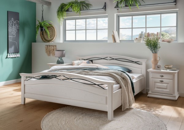 Bett SET mit 2 Nachttischen 180 x 200 cm Doppelbett Ehebett Nachtschränke Catania Holz massiv weiß
