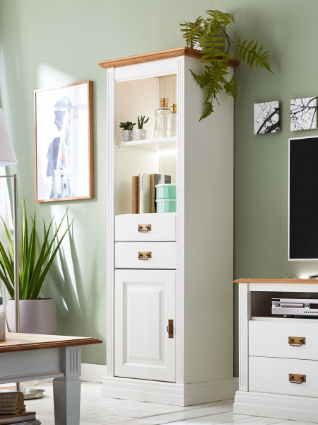 Vitrine Standvitrine Novara 1-türig mit Regal u. 2 Schubladen Pinie Nordica weiß Wildeiche massiv