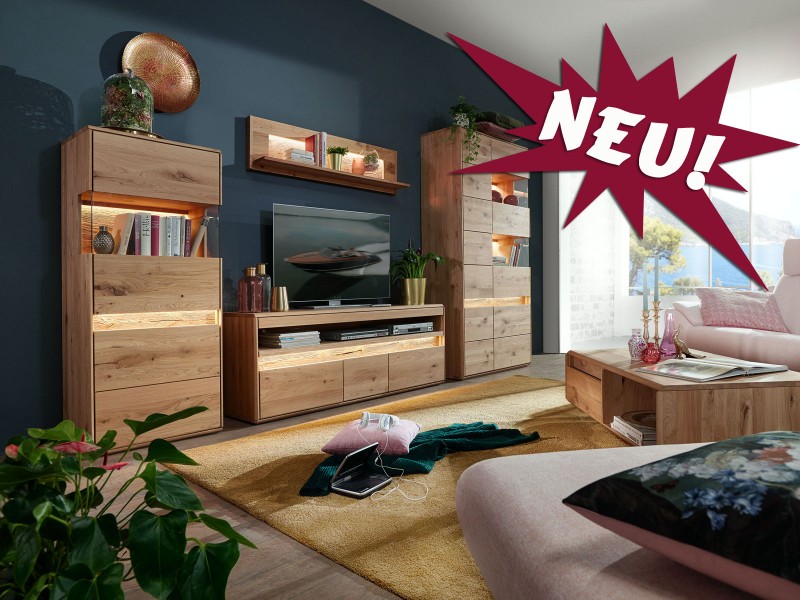 Wohnwand Waldeiche 4-teilig bestehend aus Vitrinen TV Lowboard und Wandboard aus Wildeiche massiv
