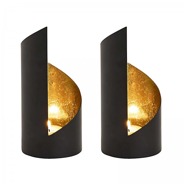 Kerzenhalter Set 2-teilig Teelichthalter Kevin zylindrisch schwarz matt innen vergoldet