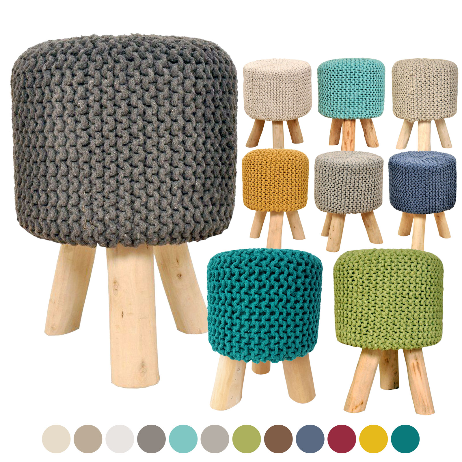 Sitzhocker Strick Hocker Pouf Schemel Ø 35 cm Höhe 45 cm mit Holzfüßen viele Farben Sitzhocker Strick Hocker Pouf Schemel Ø 35 cm Höhe 45 cm mit Holzfüßen viele Farben