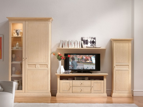 Wohnwand Wohnzimmer Schrank Set Vienna 4-teilig B 340 x H 210 cm, Pinie massiv