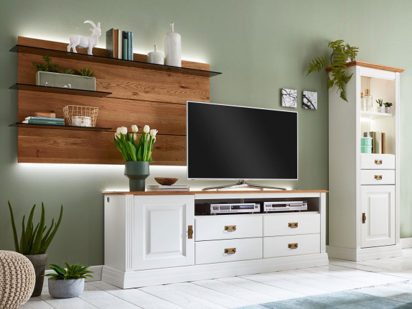 Wohnwand TV Schrank Set Novara 1 Lowboard 1 Wandpaneel 1 Vitrine Pinie Nordica weiß Wildeiche natur