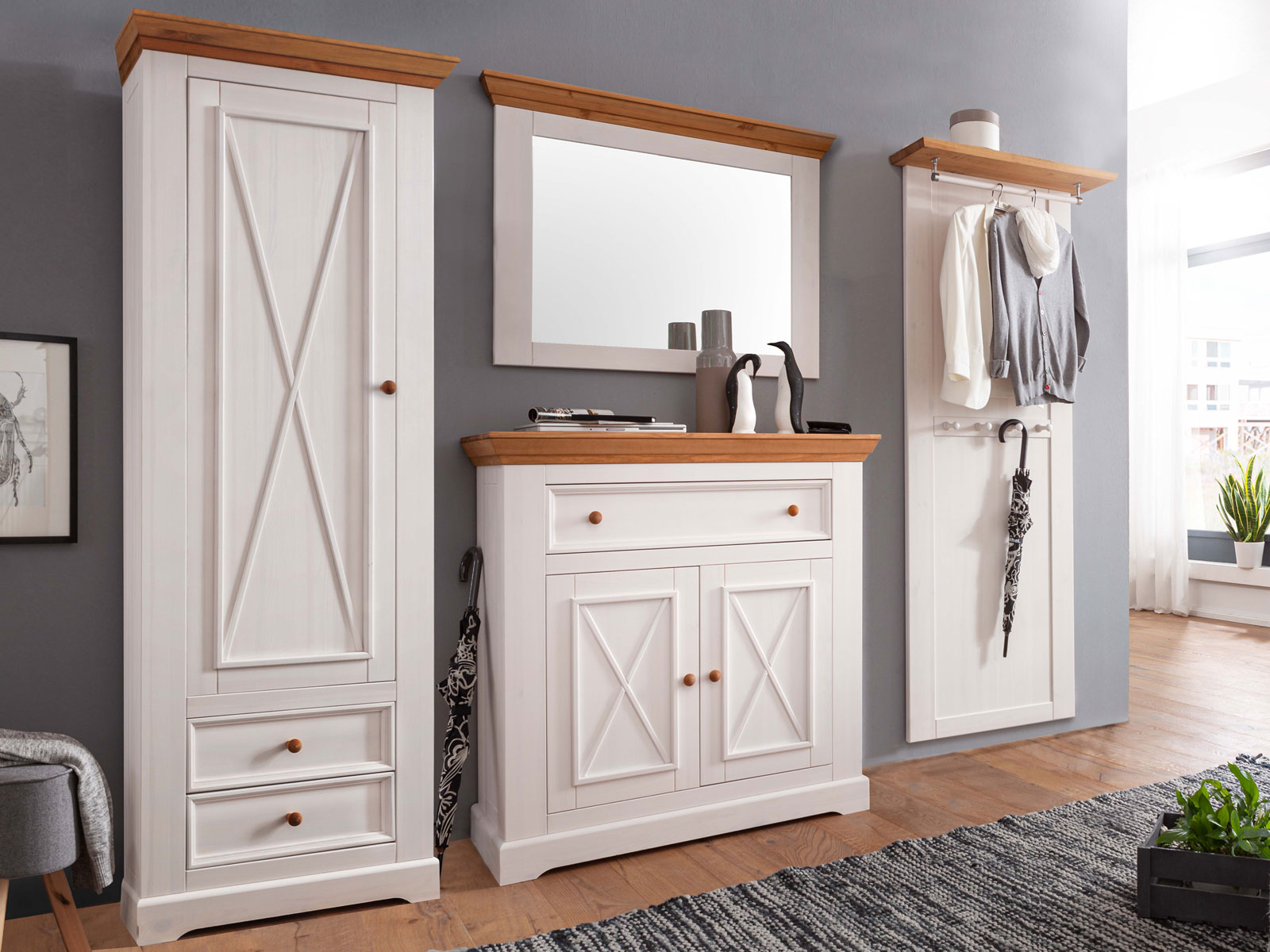 Garderobe Mit Hutablage U Kleiderstange Garderobenpaneel Milan Pinie Nordica Weiss Gewachst Casamia Wohnen