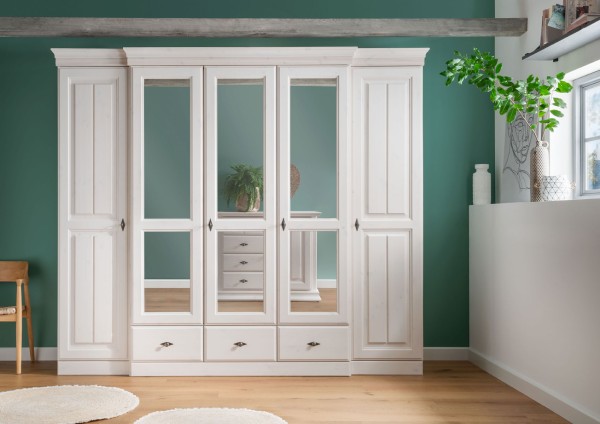 Kleiderschrank 5-trg. 262 x 228 cm Schlafzimmerschrank Catania Holz Pinie Nordica massiv weiß