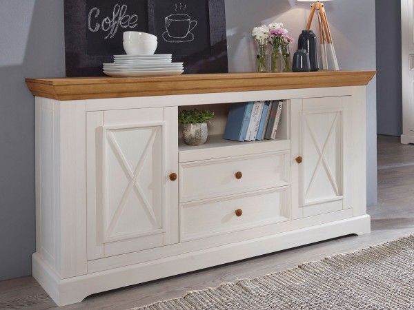 Anrichte Sideboard weiß Massivholz Milan 2 Holztüren 2 Schubladen 1 offenes Fach Pinie Nordica