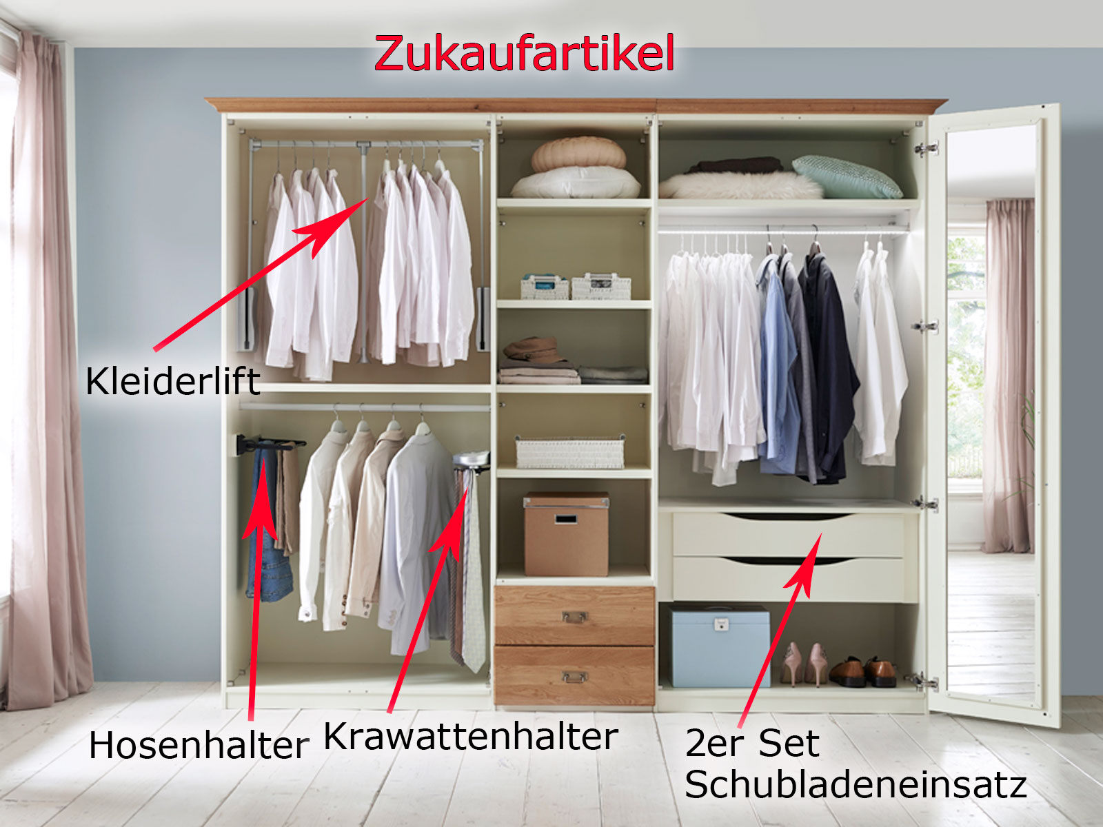 Schubladeneinsatz 3 Schubladen für 1 Tür für Kleiderschrank zur  Selbstmontage aus Pinie Nordica massiv | Casamia Wohnen
