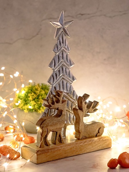 Dekofigur Weihnachtsbaum mit Hirschen 20x31cm Mangoholz Aluminium