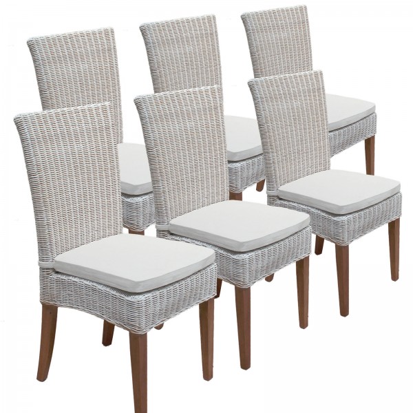 Esszimmer Stühle Rattanstühle Wintergarten Cardine 6 Stück weiß mit/ohne Sitzkissen leinen weiß