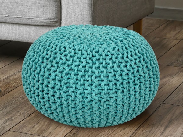 Pouf Ø 55 cm Strickhocker Sitzpouf Sitzpuff Bodenkissen nachhaltig Grobstrick-Optik extrahoch türkis