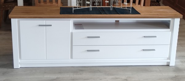 TV Lowboard Olbia 202x67x45cm Pinie Nordica weiß Wildeiche massiv Ausstellungsstück