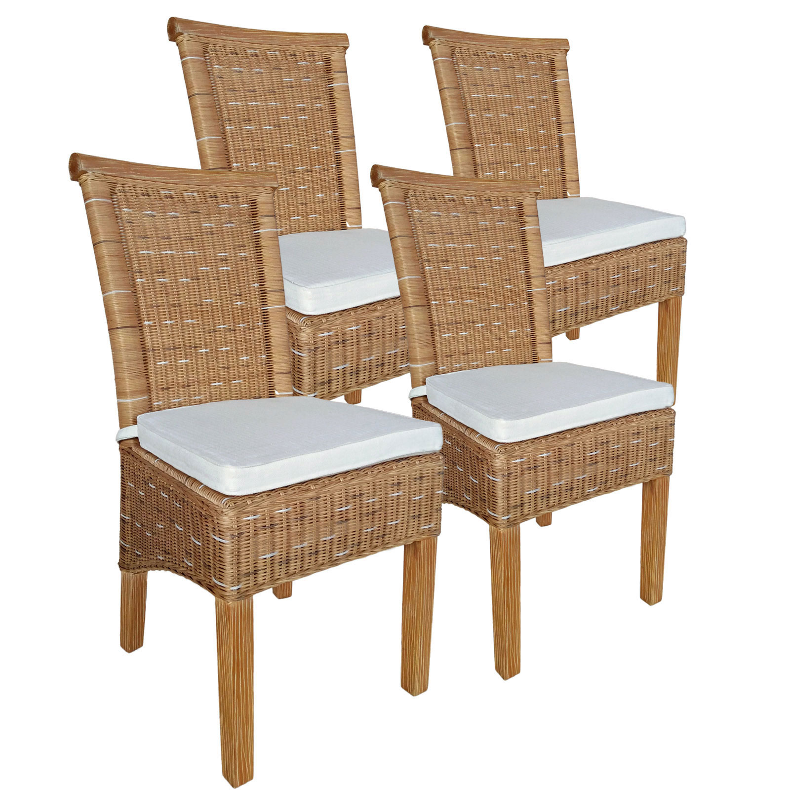 EsszimmerStühle Set Rattanstühle Perth 4 Stück braun Sitzkissen Leinen