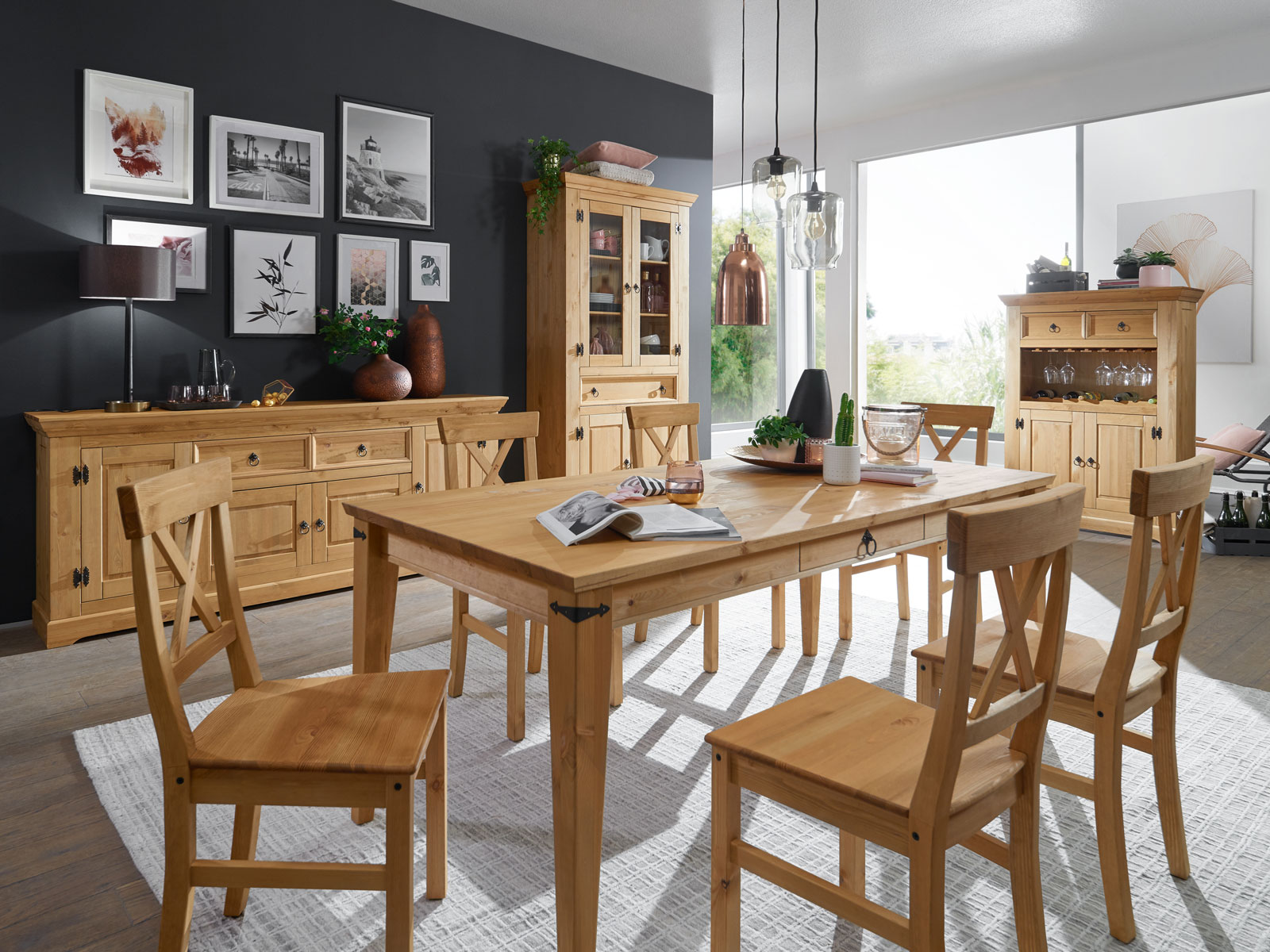 Essgruppe Torino Massivholz 1 Esstisch 180x90 Cm U 6 Stuhle Pinie Nordica Eichefarbig Gebeizt Geolt Casamia Wohnen