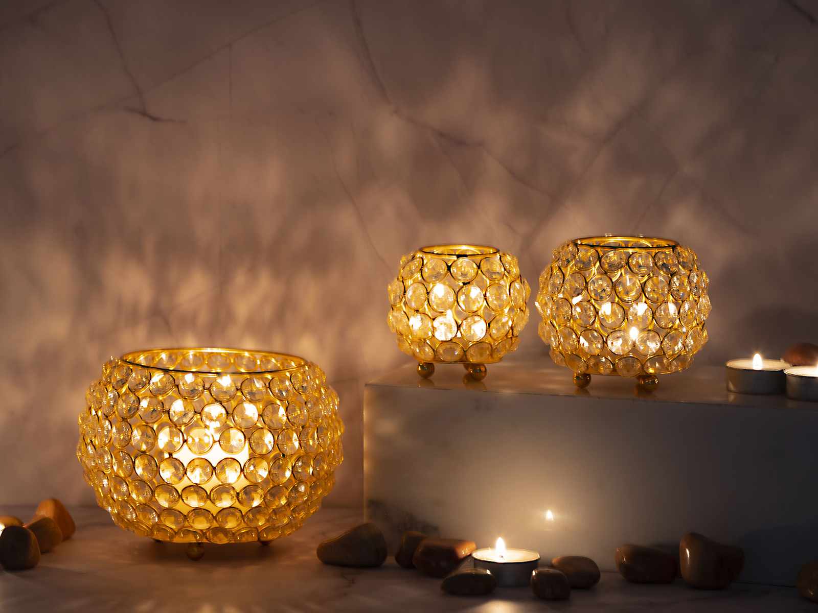 Set Wohnen | Vintage Kerzenhalter Casamia o. silber Kerzenständer Crystal 3-teilig Teelichthalter Kristall gold