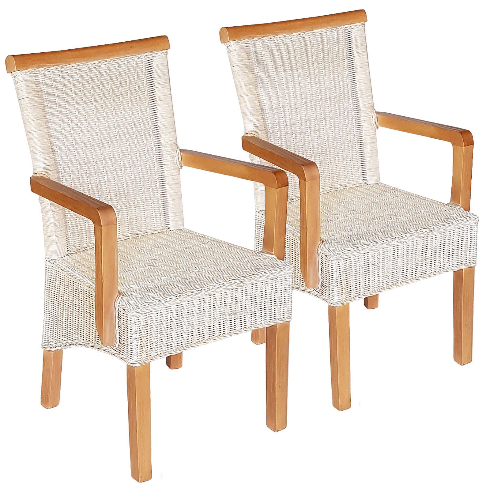 Esszimmer Stühle Set mit Armlehnen 2 Stück Rattanstuhl weiß Perth mit/ohne  Sitzkissen Leinen weiß | Casamia Wohnen