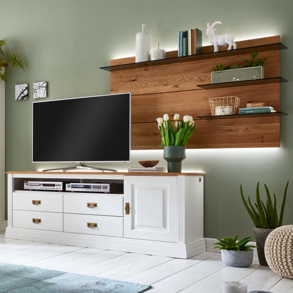 TV Schrank Set Lowboard Novara Lowboard + Wandpaneel rechts Pinie Nordica weiß Wildeiche natur massi