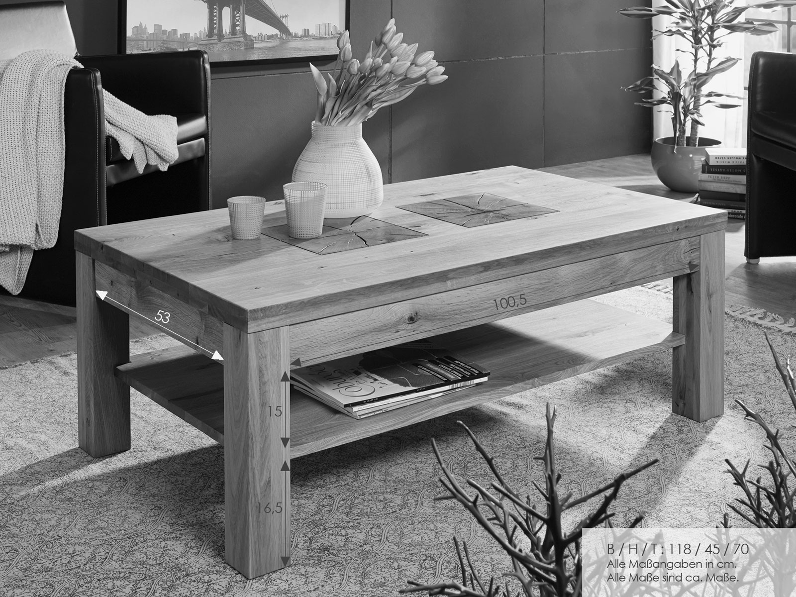 couchtisch massivholz wohnzimmer tisch mit ablage b 118 h 45 t 70 cm  waldeiche wildeiche massiv