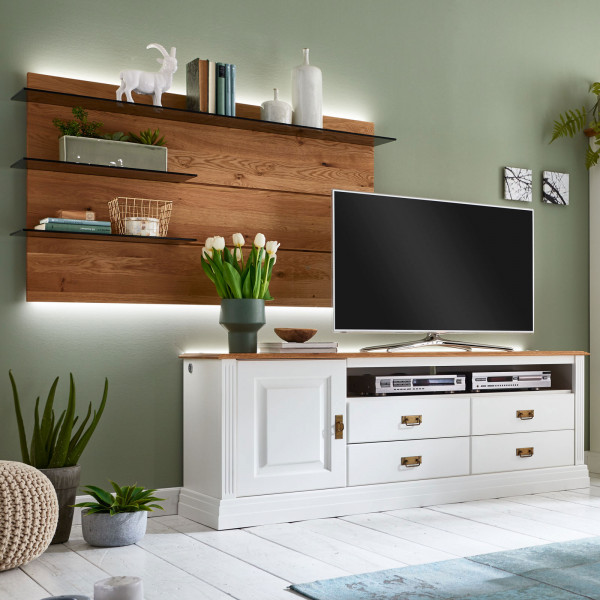 TV Lowboard Fernsehschrank Set Novara links Lowboard + Wandpaneel Pinie Nordica weiß Wildeiche massi