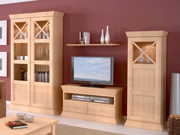 Wohnzimmer Schrank Set Wohnwand Quadro Vitrine 2trg. Lowboard Regal Vitrine 1trg. Pinie massiv